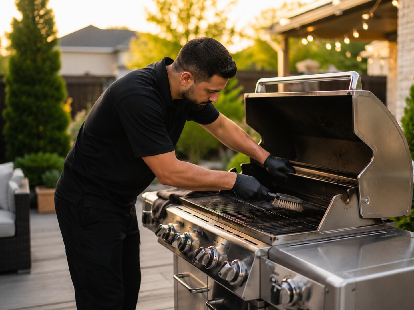 PitShine technician deep cleaning a stainless steel gas grill in a backyard